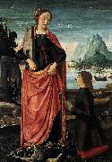 Domenico Ghirlandaio St Barbara Crushing her Infidel Father, with a Kneeling Donor oil on canvas